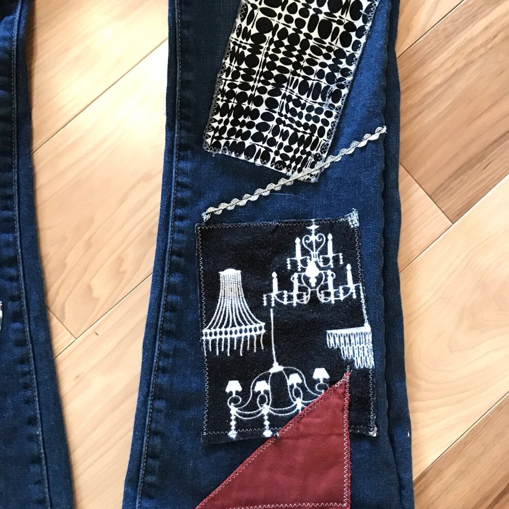 Upcycled Patchwork Jeans, Eclectic Wineglass Cityscape Design Size 6 - Picture 5 of 11